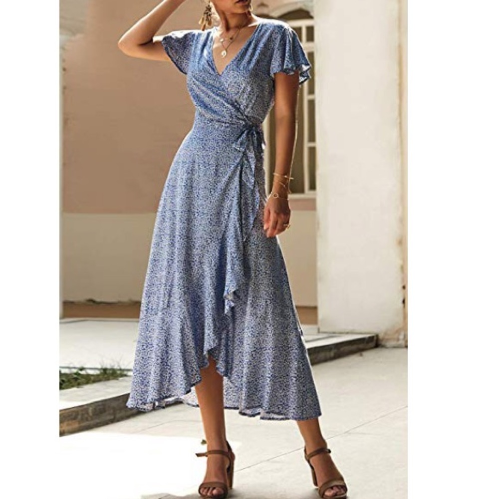 Covetavenue - Blue Polka Dot Tie Waist Maxi Dress